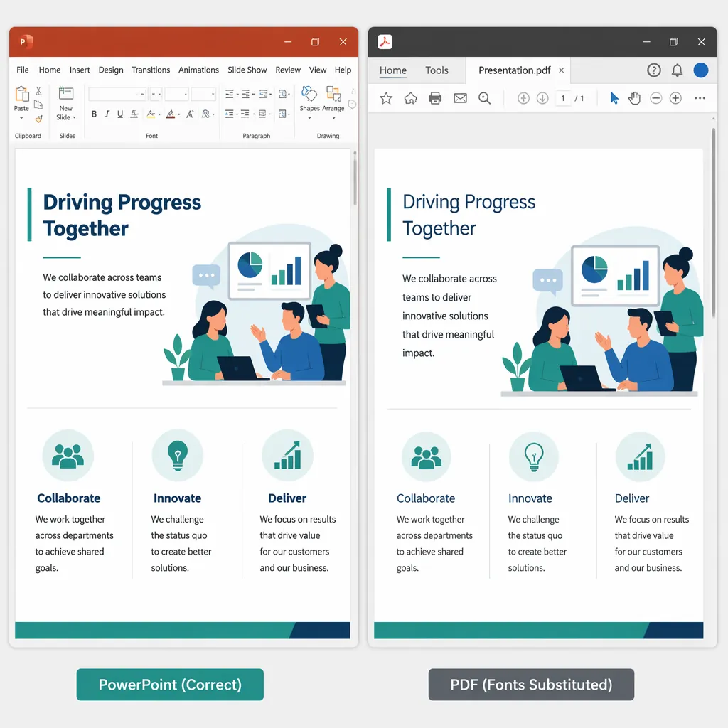 Side-by-side comparison of a PowerPoint slide exported to PDF, left version correct typography, righ