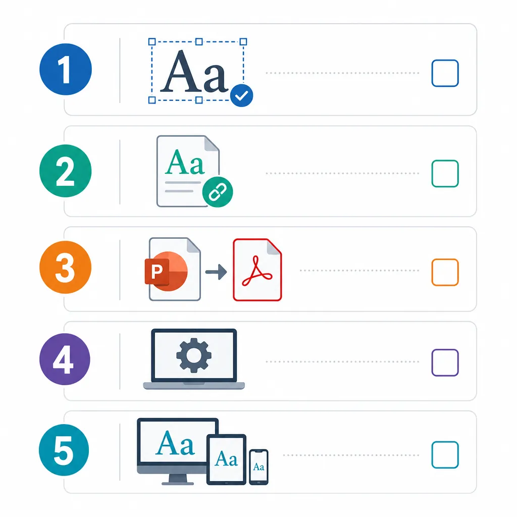 Checklist-style graphic for troubleshooting PPT to PDF font issues, with five numbered steps and sma