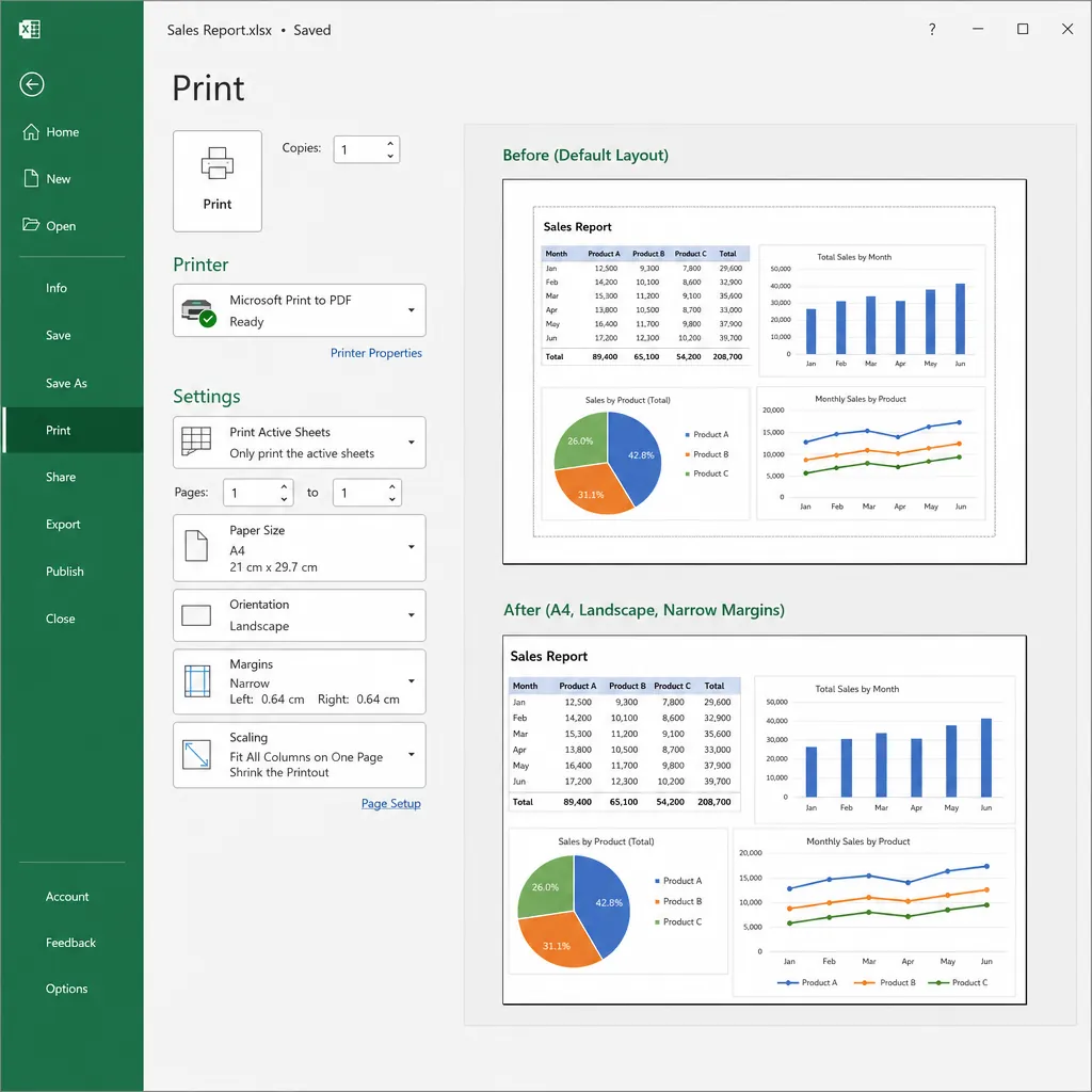 Excel Page Layout settings panel showing paper size A4, landscape orientation, narrow margins, and a