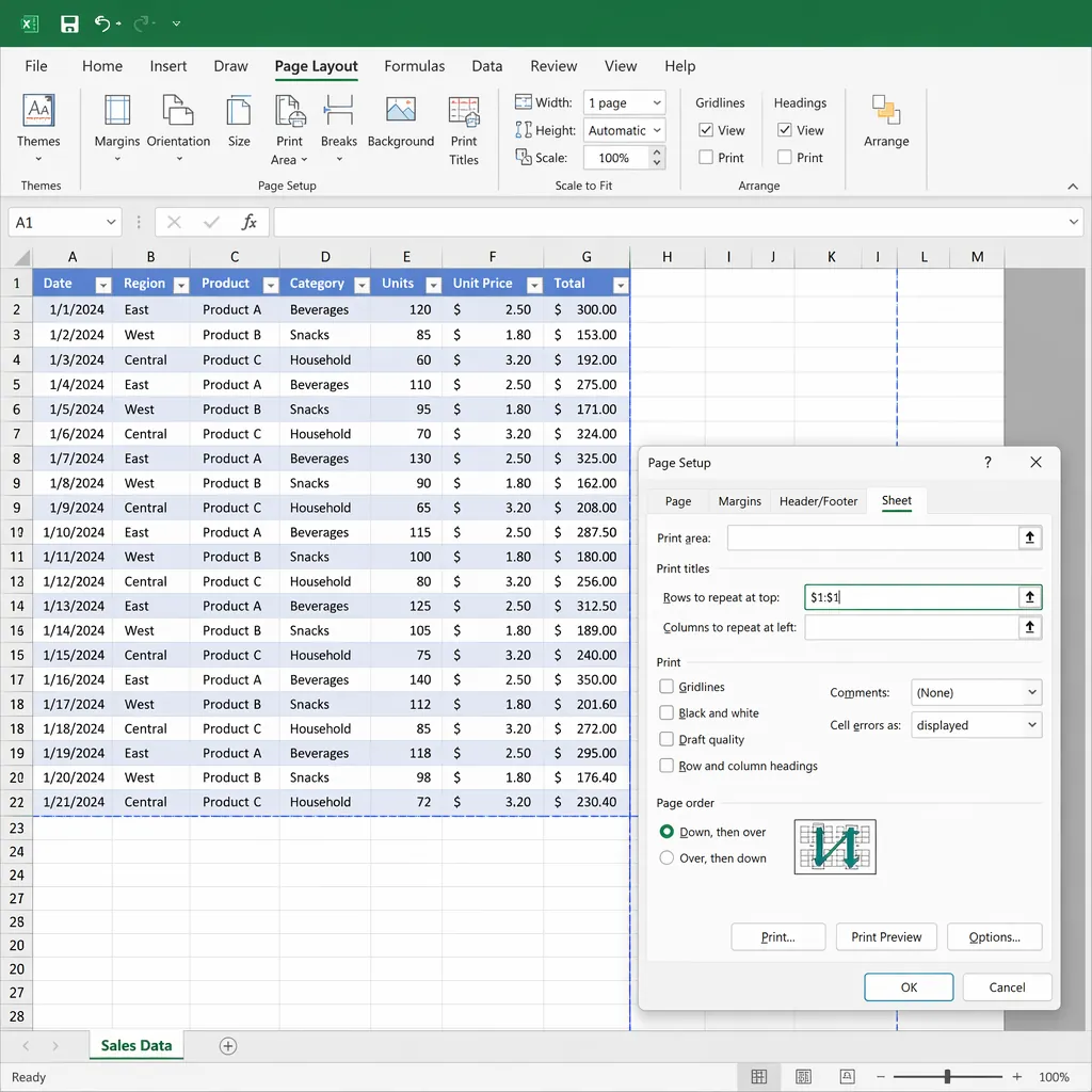 Excel Page Break Preview view with blue page break lines, a table with header row, and a highlighted
