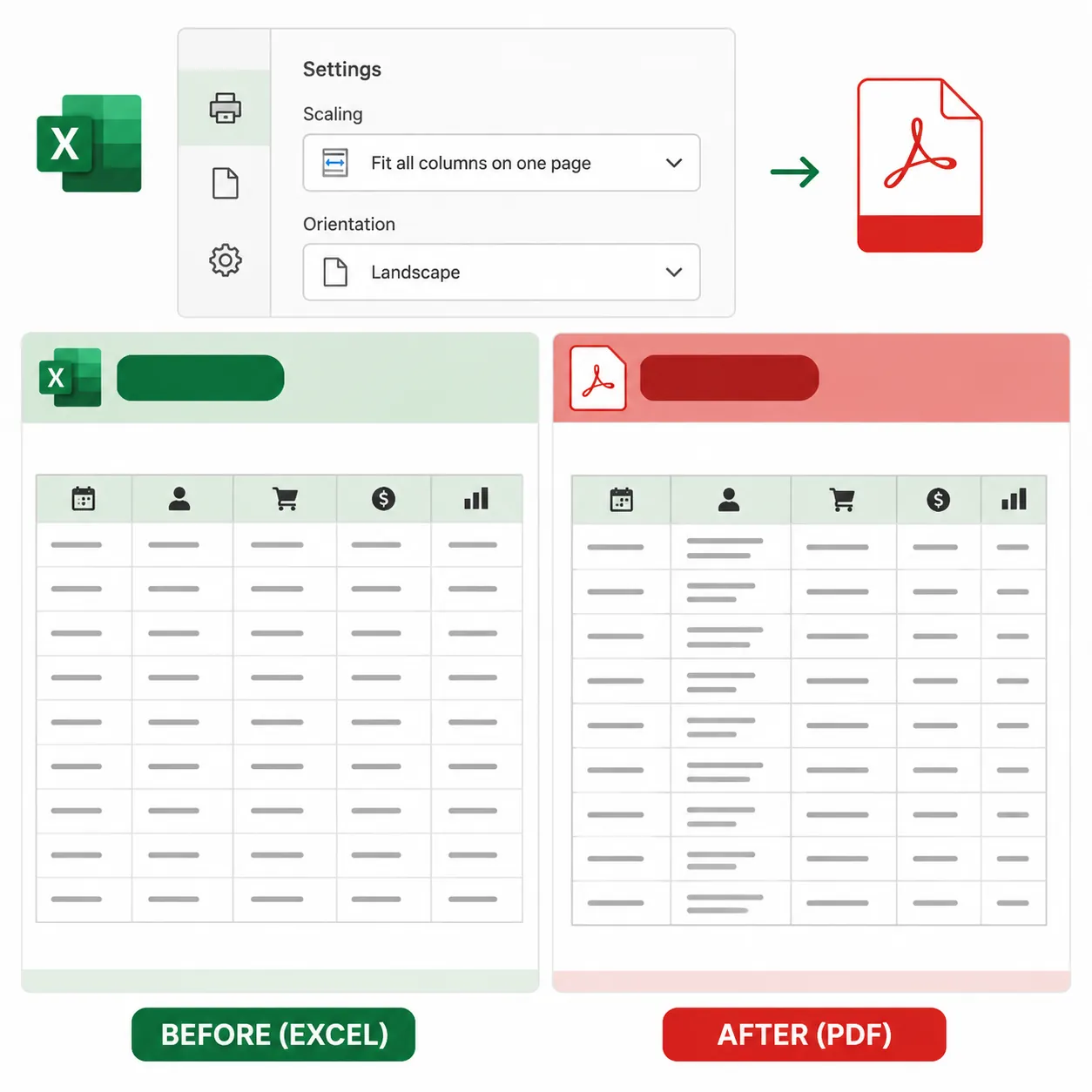 Side-by-side comparison of an Excel table before and after PDF export, showing distorted column widt