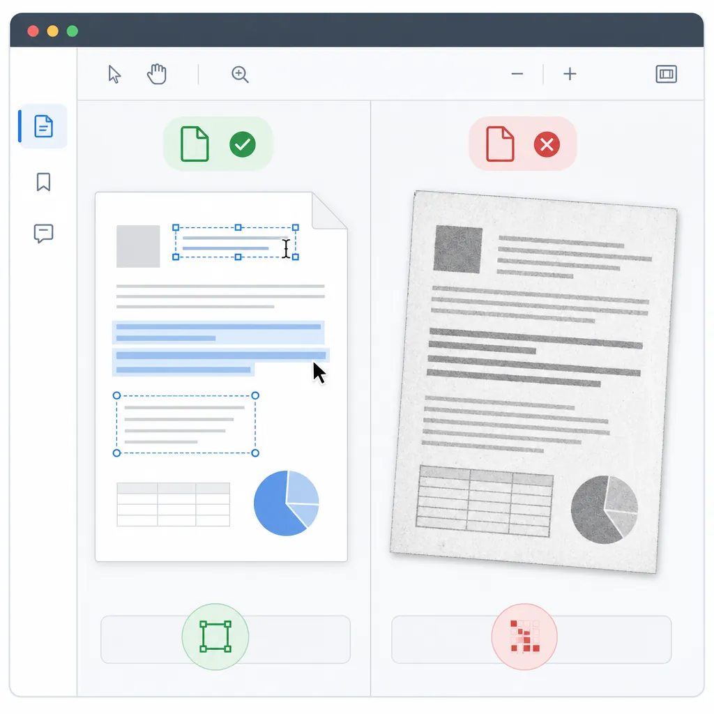 Side-by-side comparison of an editable PDF with selectable text and a scanned PDF as an image, with 