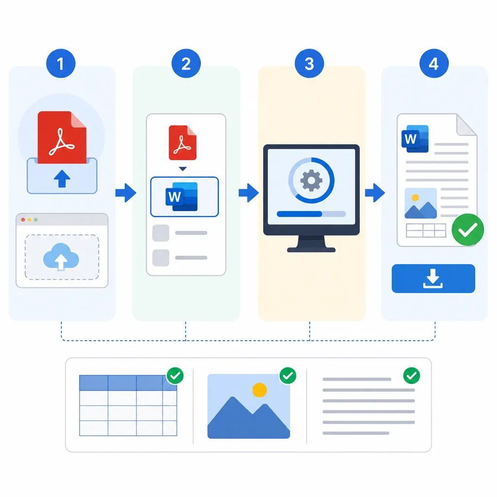 Step-by-step visual flowchart showing PDF to Word conversion: Upload PDF, Choose PDF to Word, Conver