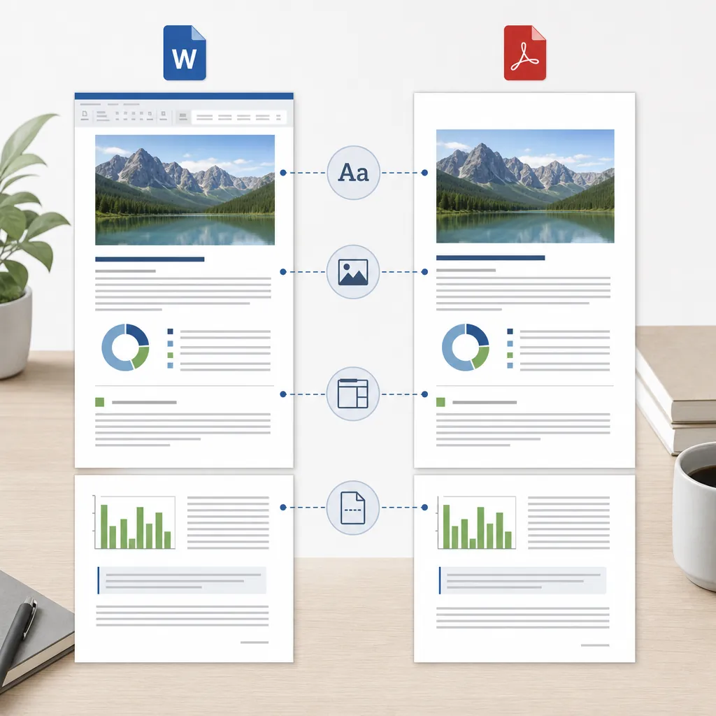 Clean comparison mockup of a Word document and exported PDF showing consistent layout, with callouts