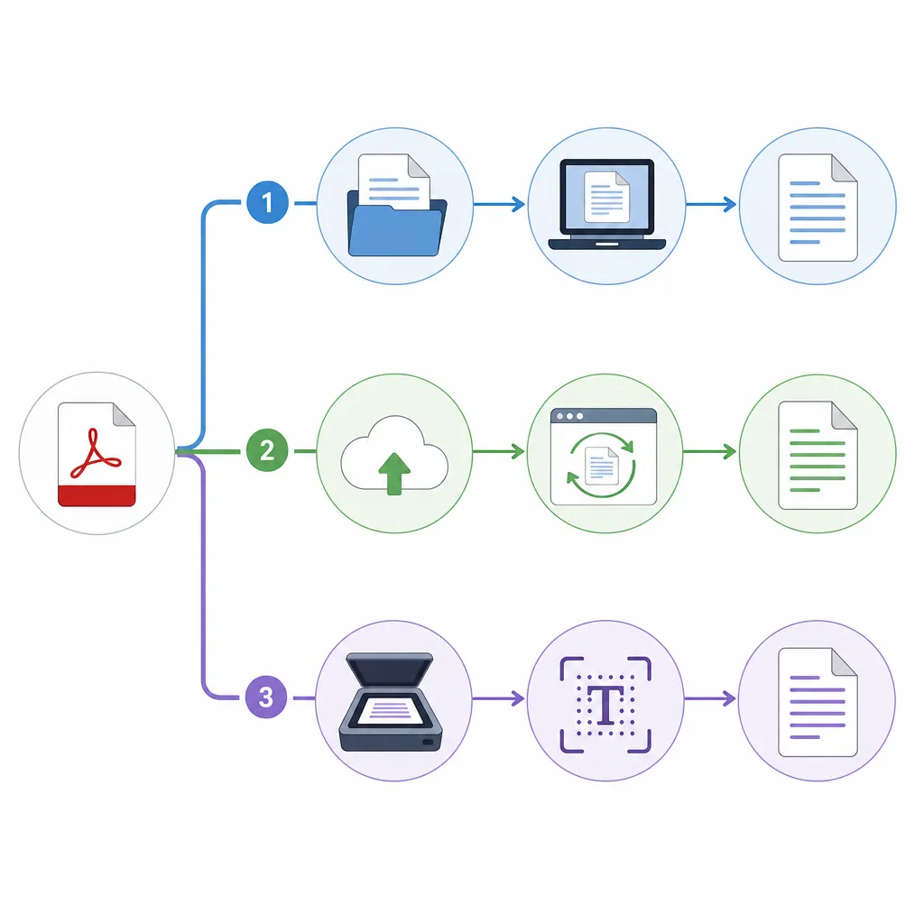 Step-by-step office workflow diagram showing three paths: Word open PDF, Online converter, OCR for s