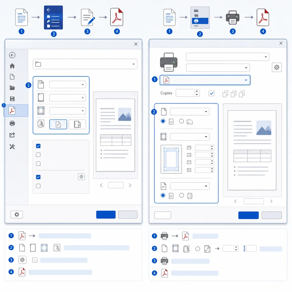 Screenshot-style illustration of Microsoft Word export to PDF and print to PDF dialogs side by side,