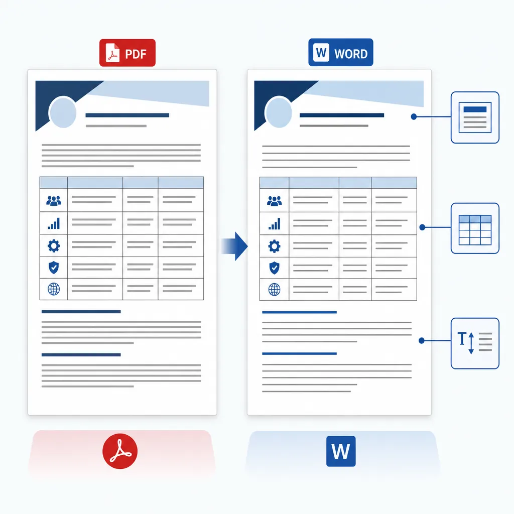 Before-and-after document comparison: left is a PDF page with multi-row table and header, right is t