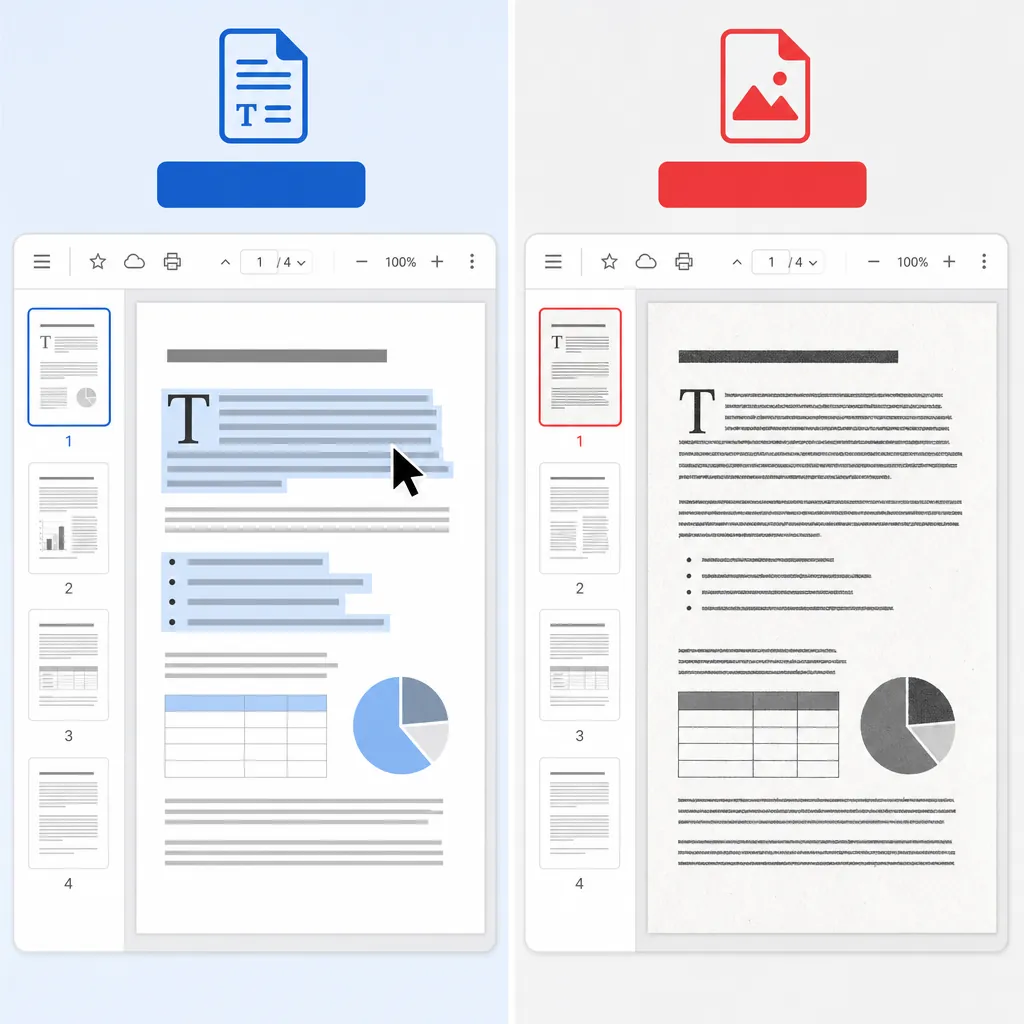 Split-screen comparison of a text-based PDF vs scanned image PDF, with cursor highlighting selectabl