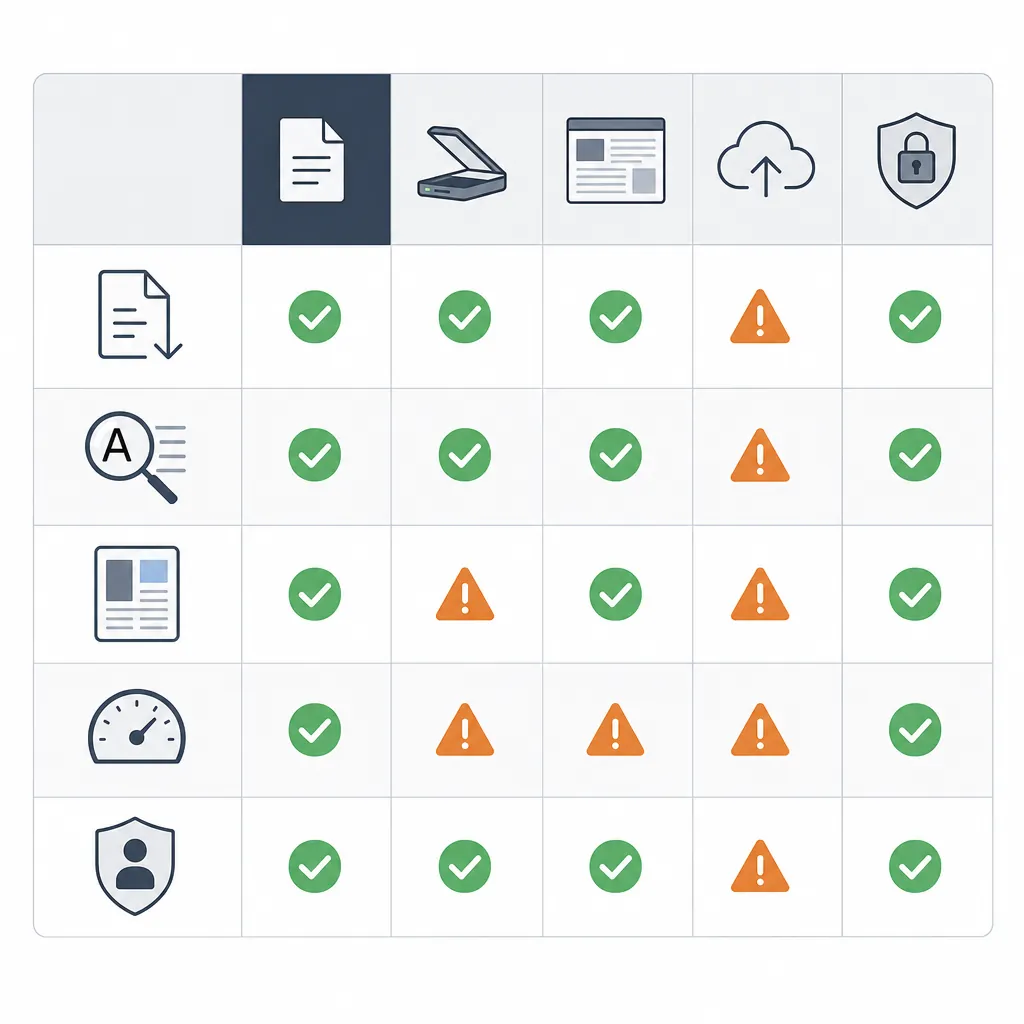 Comparison table screenshot-style graphic showing five criteria (Free export, OCR, Layout accuracy, 