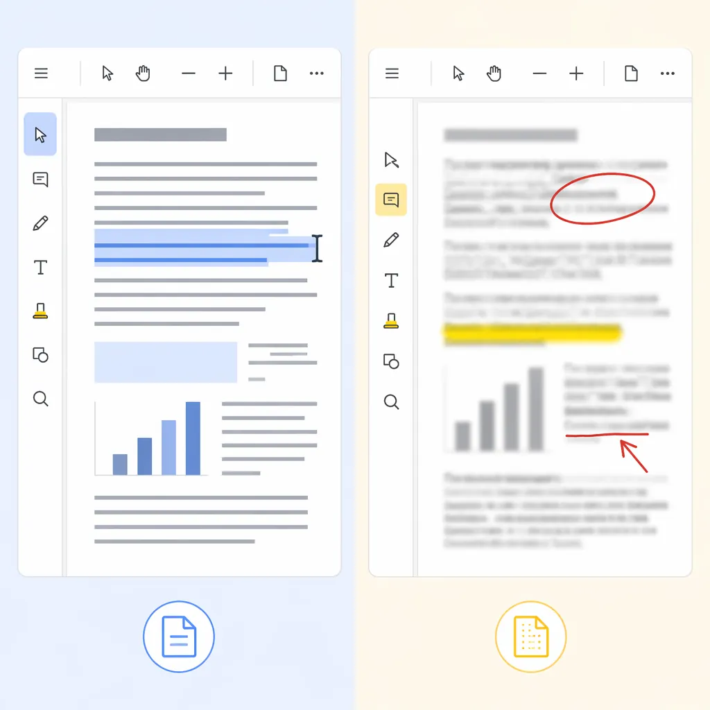 Split-screen comparison of two PDF pages: left is selectable text PDF with highlighted text cursor, 