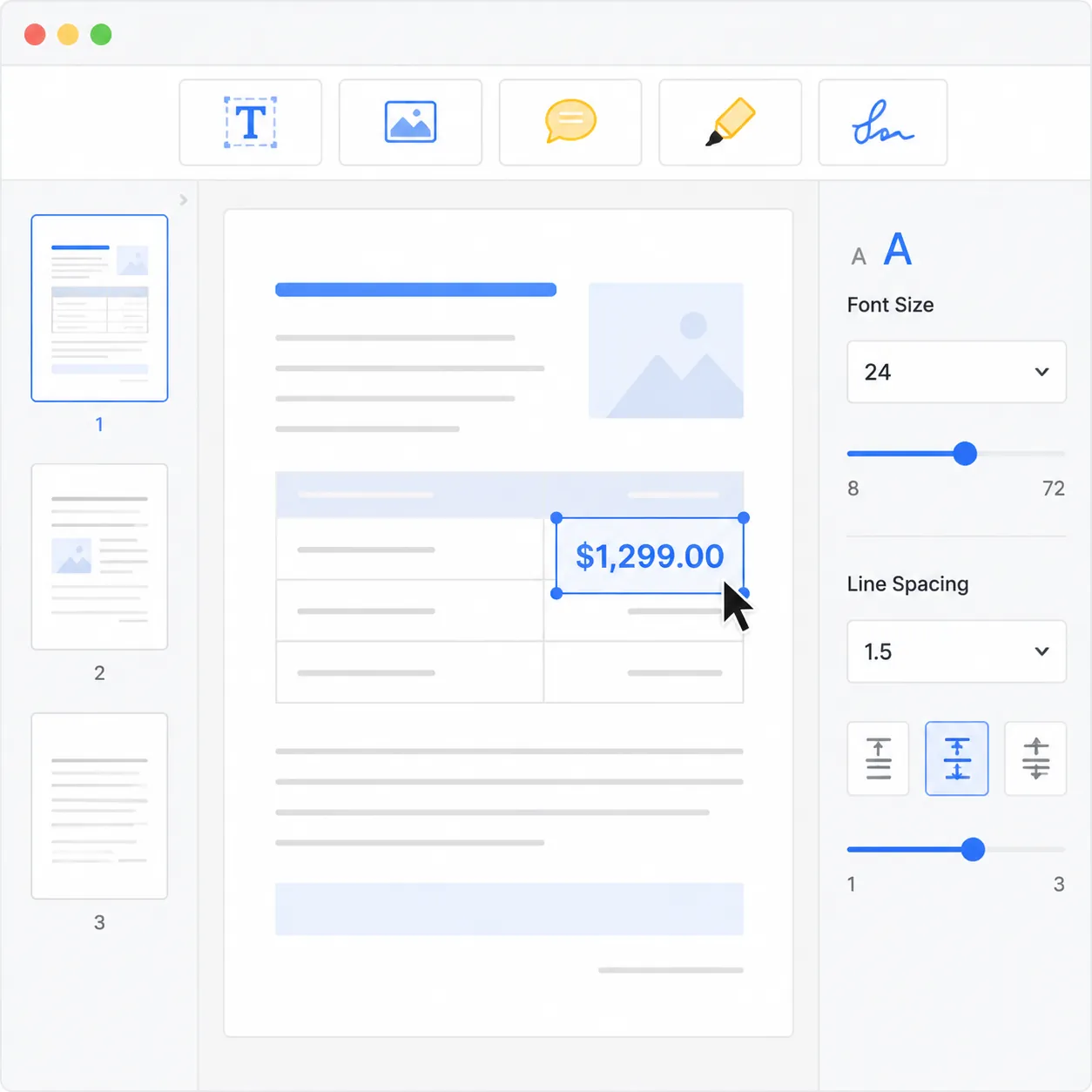 Step-by-step PDF editing interface mockup: toolbar with Edit Text, Edit Image, Comment, Highlight, S