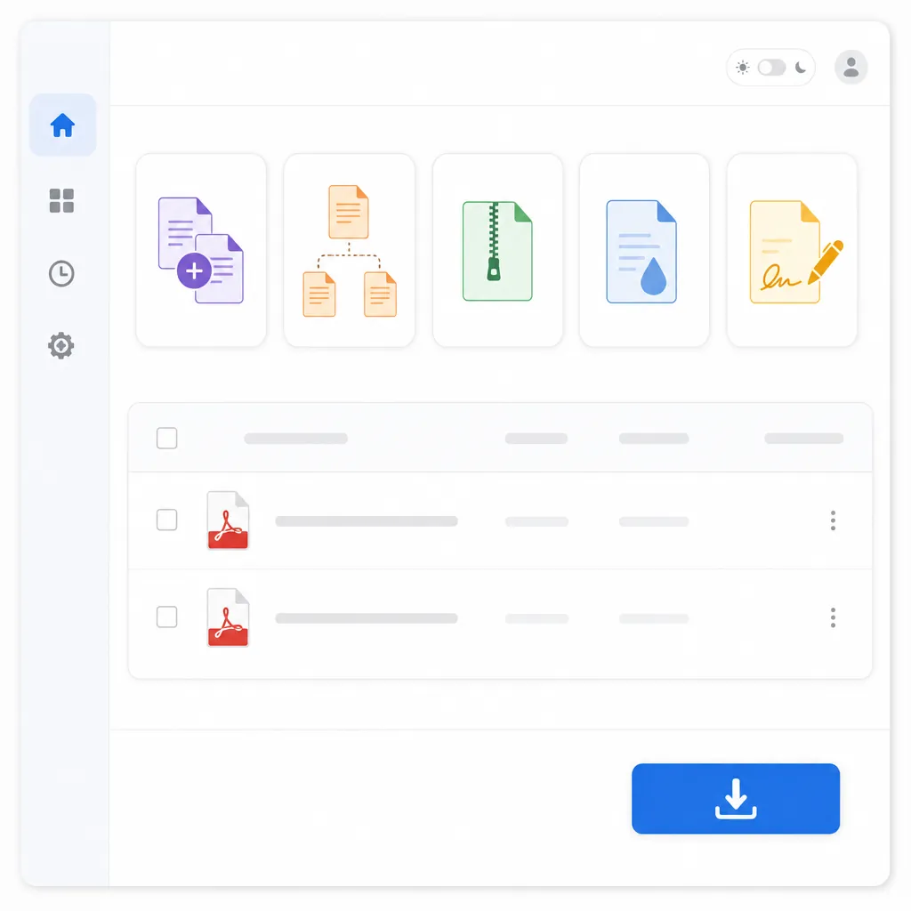 Clean web-based PDF tools dashboard mockup showing options: Merge, Split, Compress, Add Watermark, A