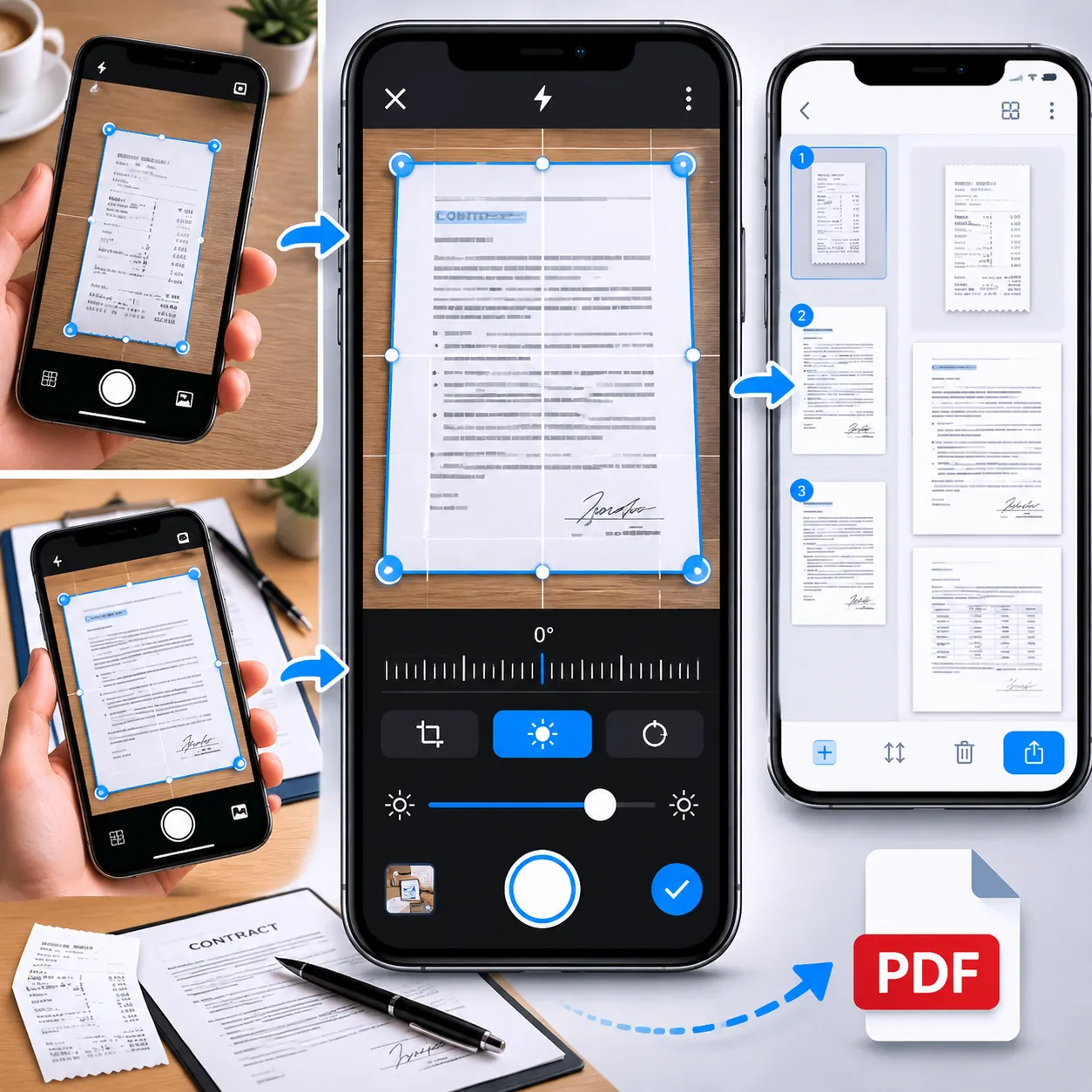 Mobile phone scanning a receipt and contract into a multi-page PDF, showing crop and straighten guid
