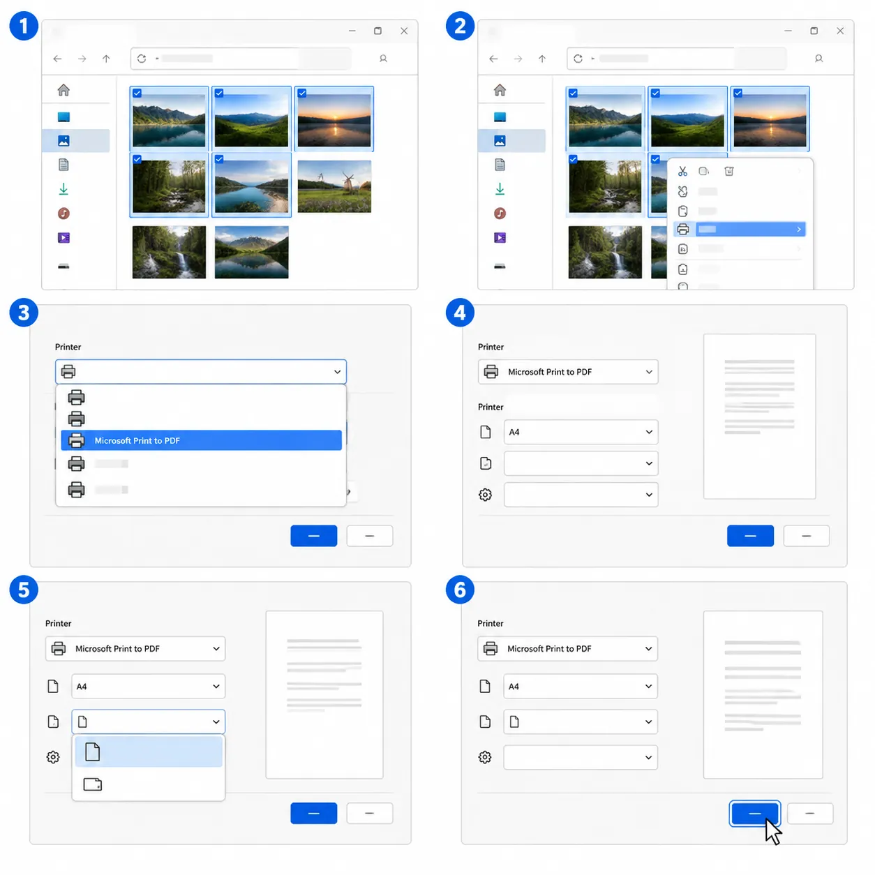 Step-by-step computer screenshot style illustration of selecting multiple photos, right-click print,