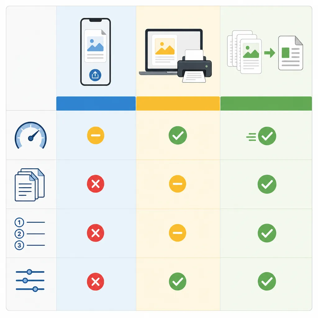 Comparison infographic showing “Phone built-in vs Computer print to PDF vs Batch converter”, with th