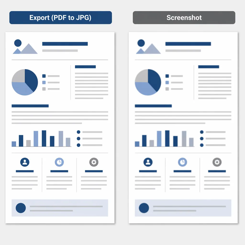 Side-by-side visual comparison of a PDF page converted to JPG by export vs screenshot, showing sharp