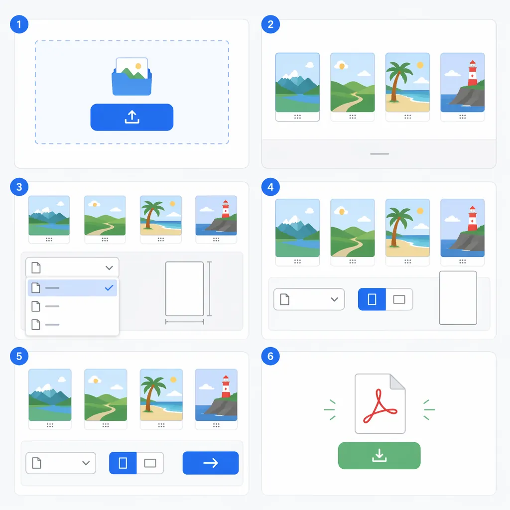 Step-by-step UI mockup of an online JPG to PDF converter: upload button, thumbnail list with drag-to