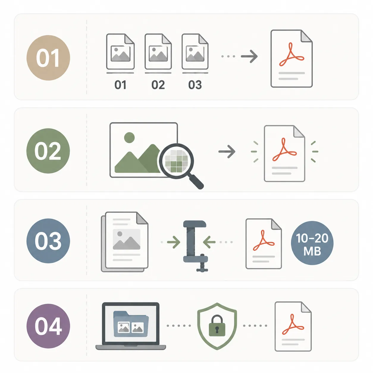 Simple infographic showing four tips for JPG to PDF: rename order 01-02-03, keep high resolution, co