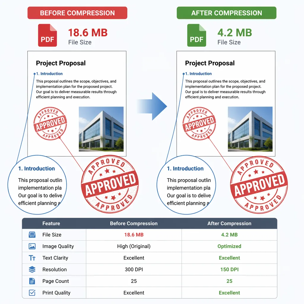Side-by-side comparison of a PDF page before and after compression, showing file sizes (e.g., 18.6MB