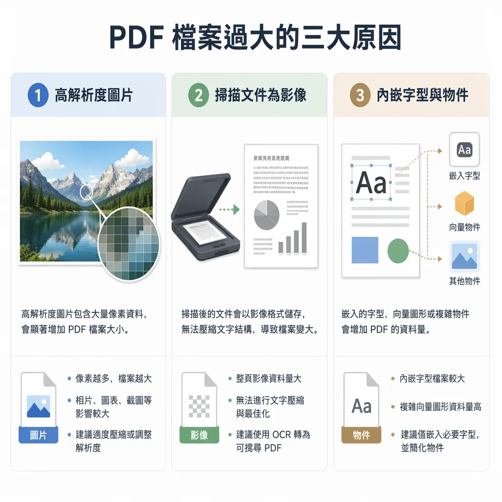 Side-by-side infographic showing three PDF size causes: high-resolution images, scanned pages as bit