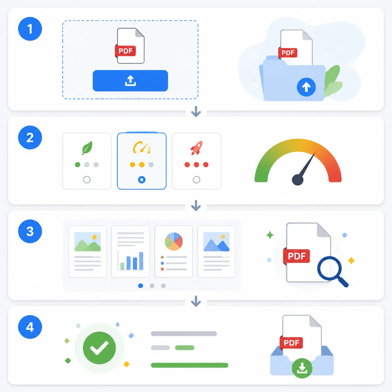 Step-by-step UI mockup of an online PDF compressor: upload button, compression level selector (light