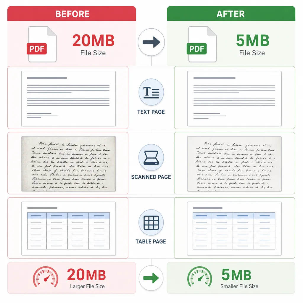 Before-and-after comparison chart of PDF sizes (20MB to 5MB) with clarity thumbnails (text page, sca