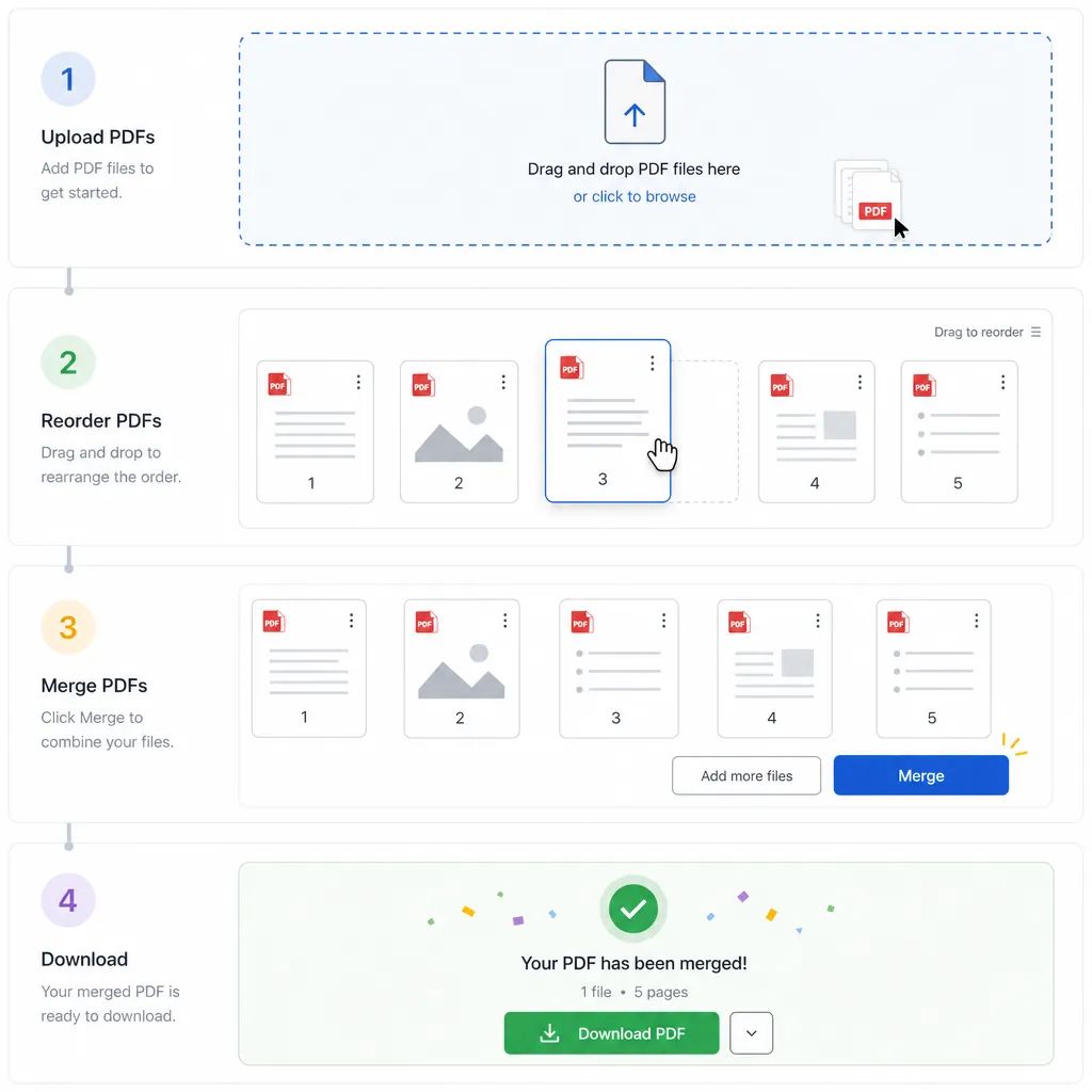 A clean step-by-step UI mockup of an online PDF merge page: upload area, a list of PDF thumbnails th