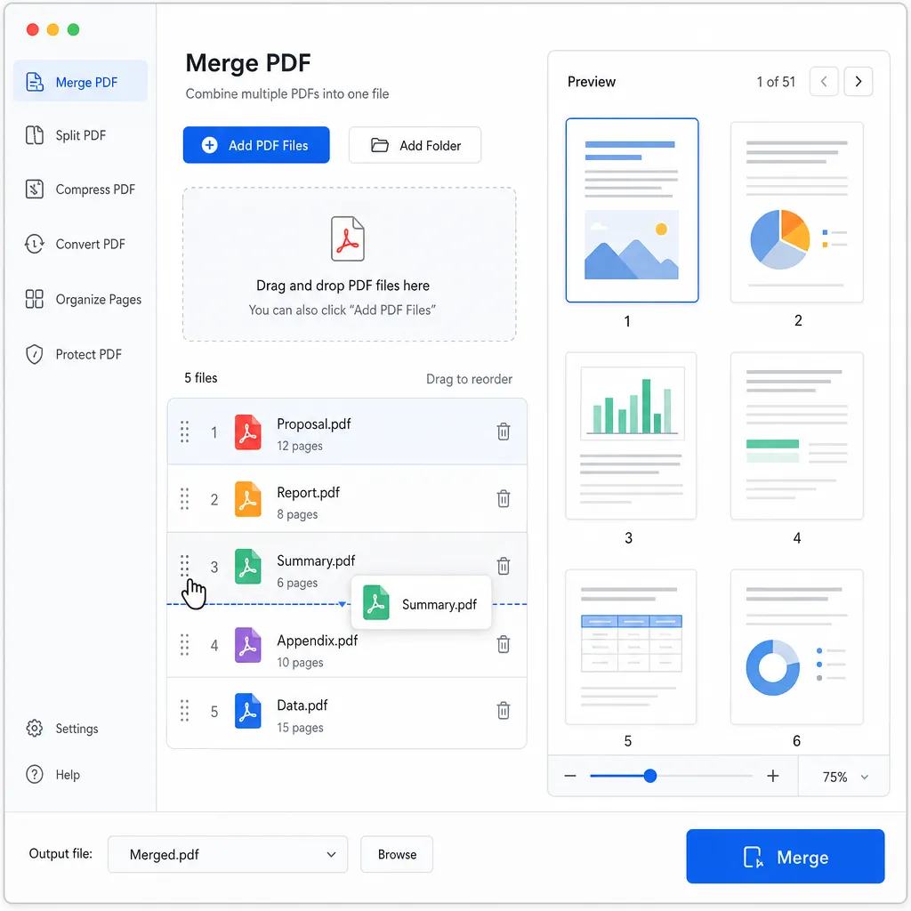A clean desktop software interface mockup showing “Merge PDF” workflow: add multiple PDF files, drag