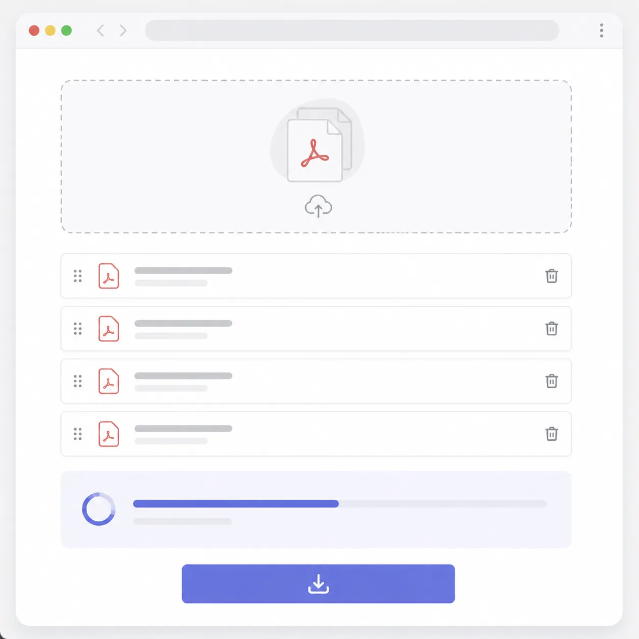 Browser-based PDF merge webpage mockup: upload area with drag-and-drop files, sortable file cards, p