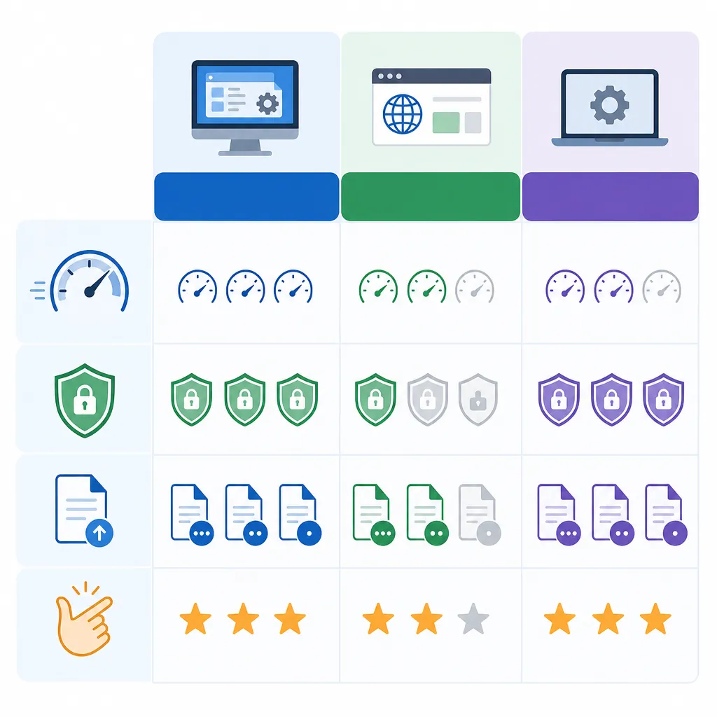 Side-by-side comparison infographic with three columns: Local software, Web tool, System built-in; r