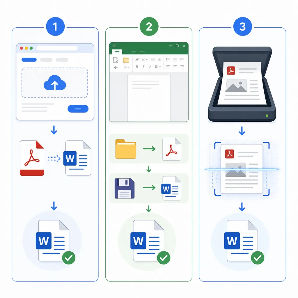 Step-by-step infographic showing three PDF to Word methods: online converter, office software open-a