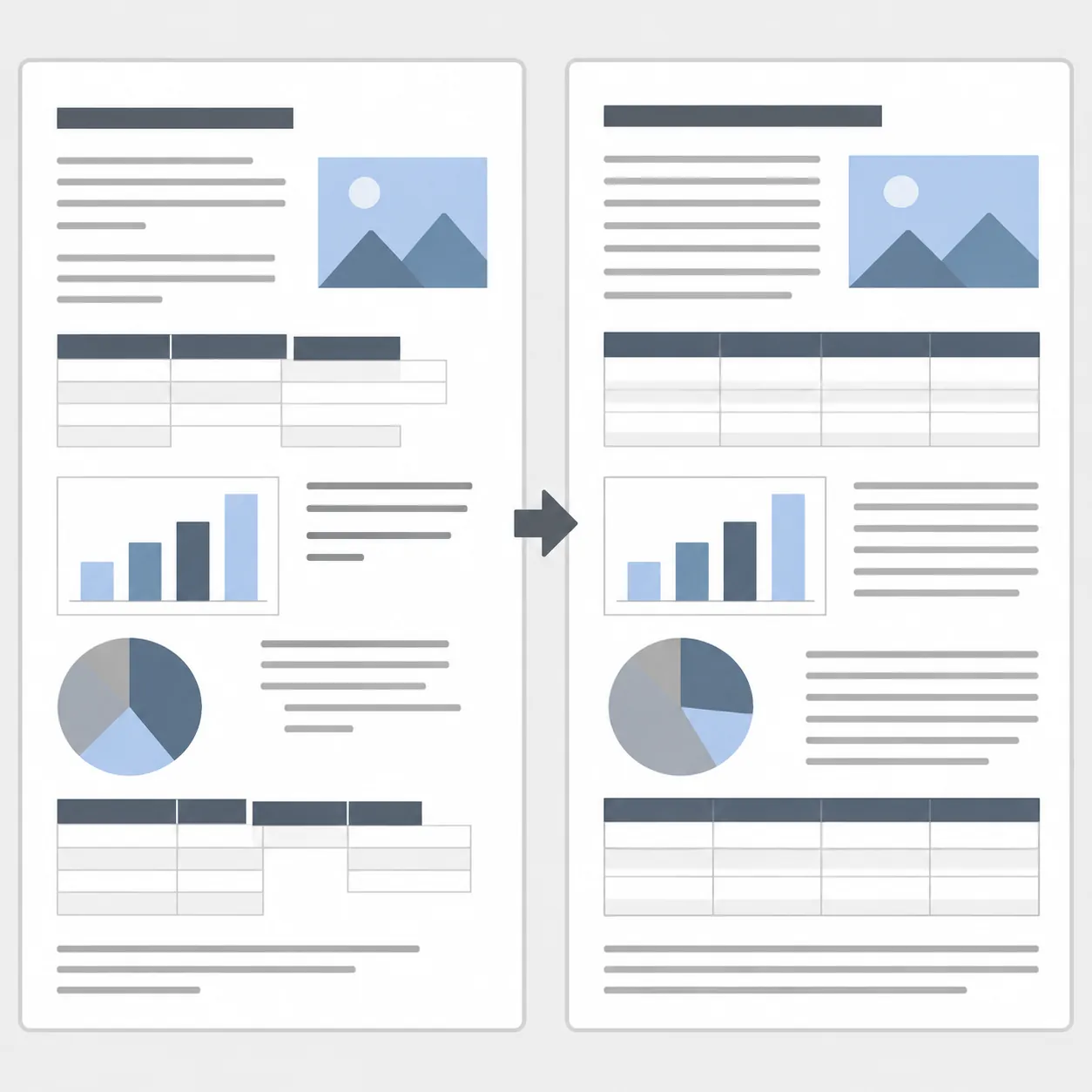 Before-and-after comparison of a converted Word document: left side messy layout with broken tables 