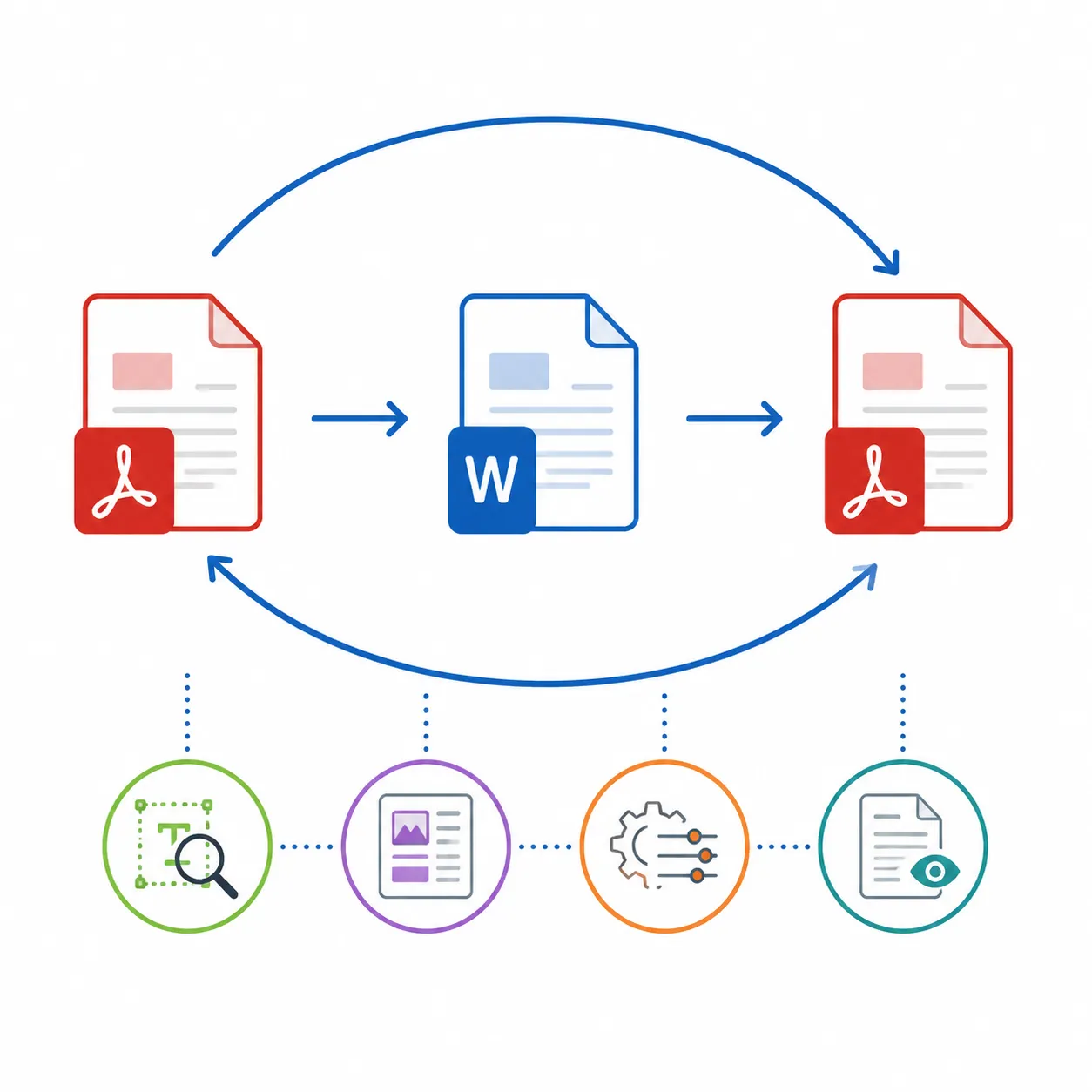 Workflow diagram showing PDF to Word edit to PDF export loop, with checkpoints: OCR check, formattin