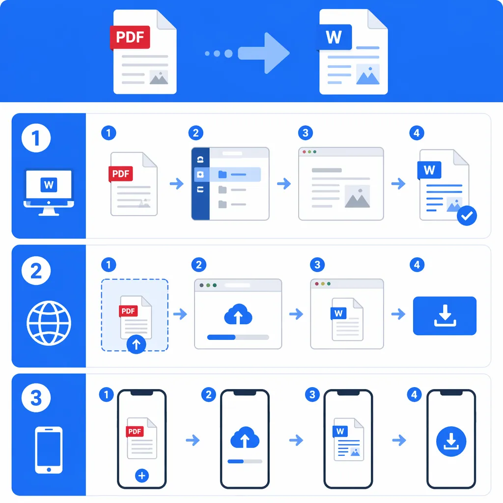 A clean step-by-step infographic showing three ways to convert PDF to Word: Word open PDF, online co