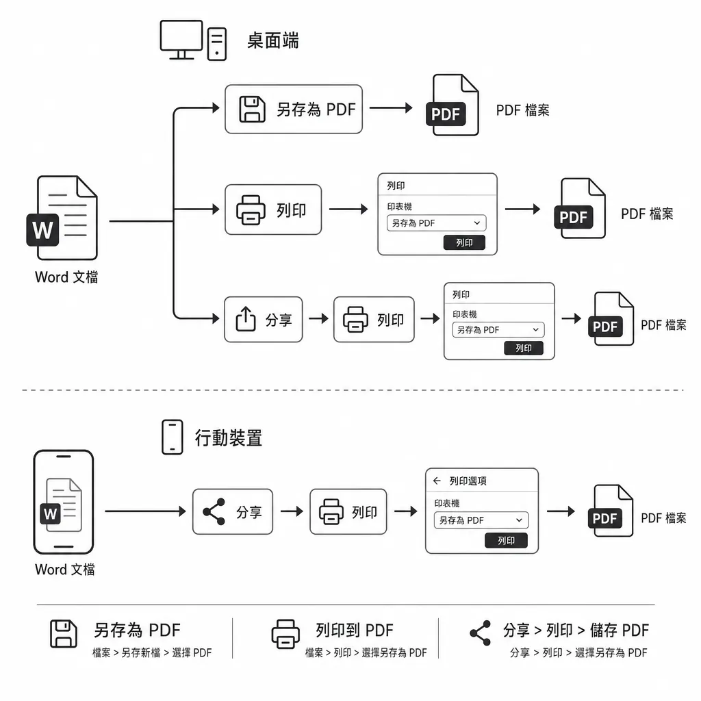 A simple flow diagram showing Word to PDF on desktop and phone: “Save As PDF”, “Print to PDF”, “Shar