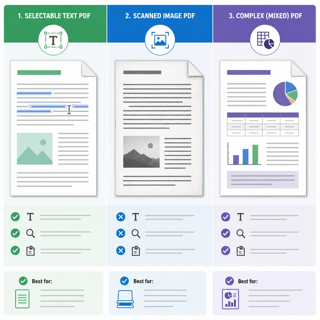 Split-screen comparison of three PDF types: selectable text document, scanned image-only page, and c