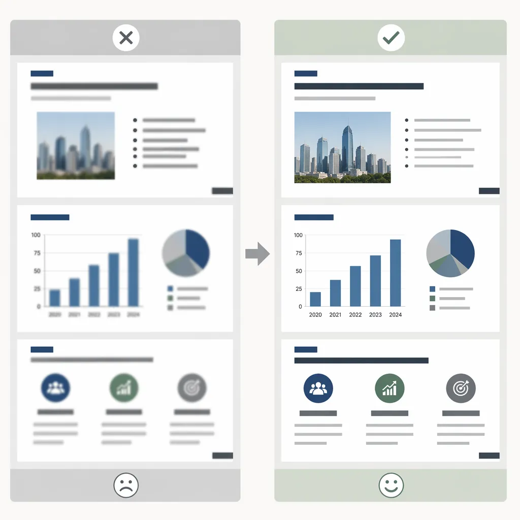 Before-and-after comparison slide: left shows messy converted PPT with shifted text and blurry chart