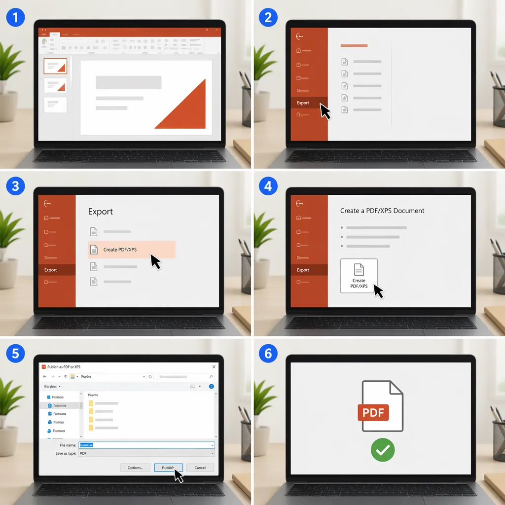 Step-by-step PowerPoint export to PDF on a Windows laptop screen, showing File > Export > Create PDF