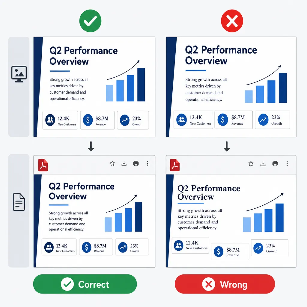 Side-by-side comparison of a slide exported correctly vs incorrectly to PDF, showing font substituti