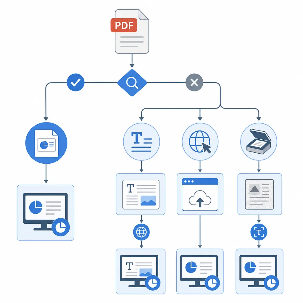 Flowchart showing PDF to PPT decision process: original PPT available, text-based PDF, online conver