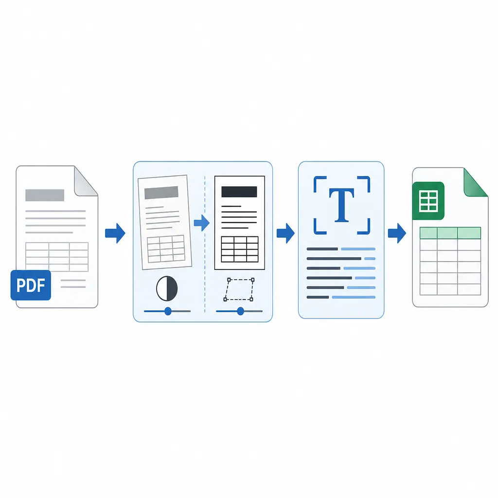 Step-by-step OCR workflow diagram: scanned PDF -> image enhancement (contrast, deskew) -> OCR recogn