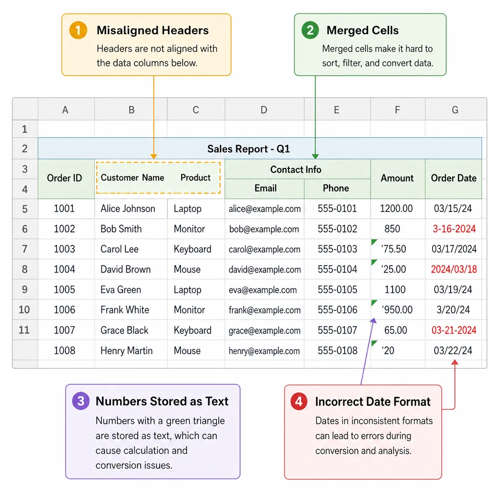 Excel table with common conversion issues highlighted: misaligned headers, merged cells, numbers sto