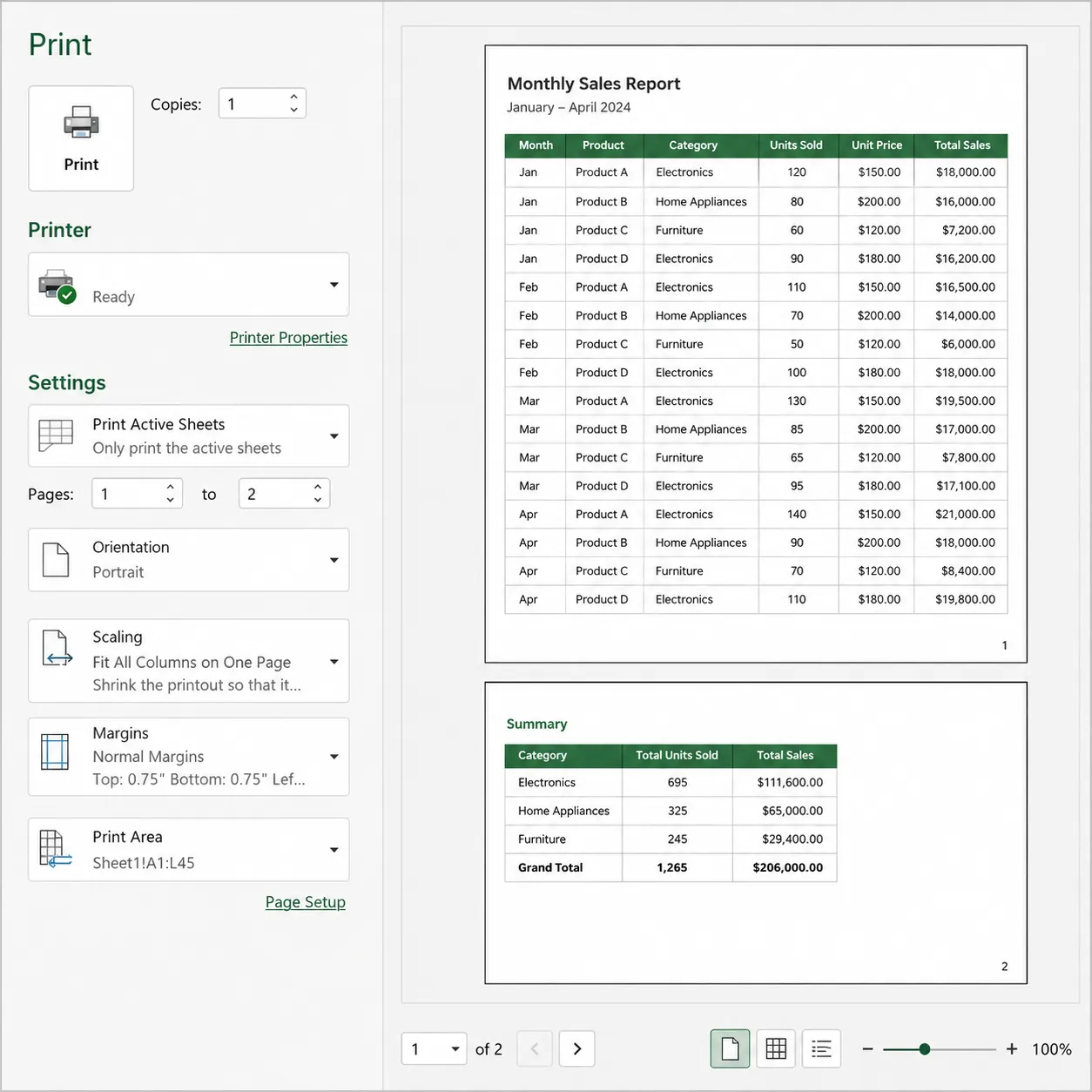 Close-up screenshot-style illustration of Excel Print Preview panel, showing page thumbnails and set