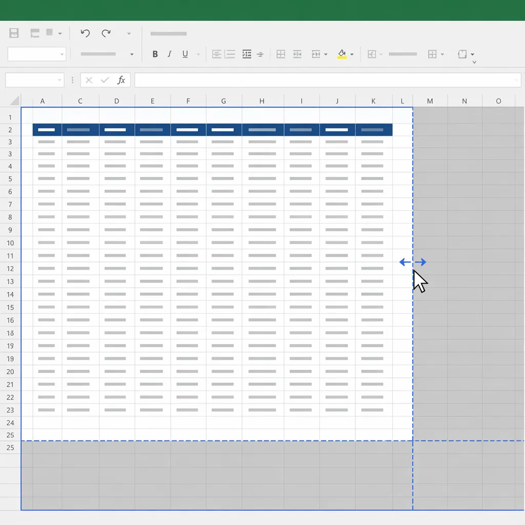 Excel Page Break Preview view with blue page boundary lines, a wide table being adjusted to fit one 