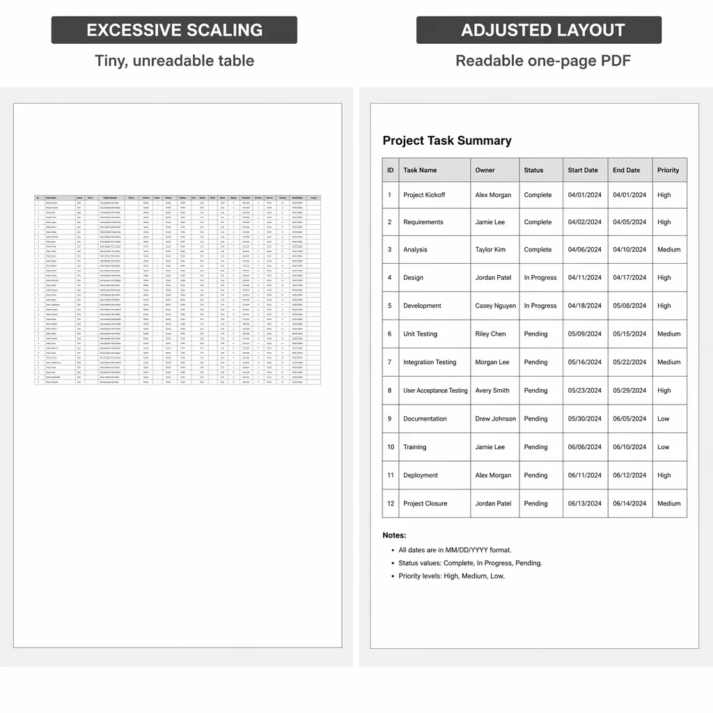 Side-by-side comparison layout: left shows tiny unreadable PDF table after excessive scaling, right 