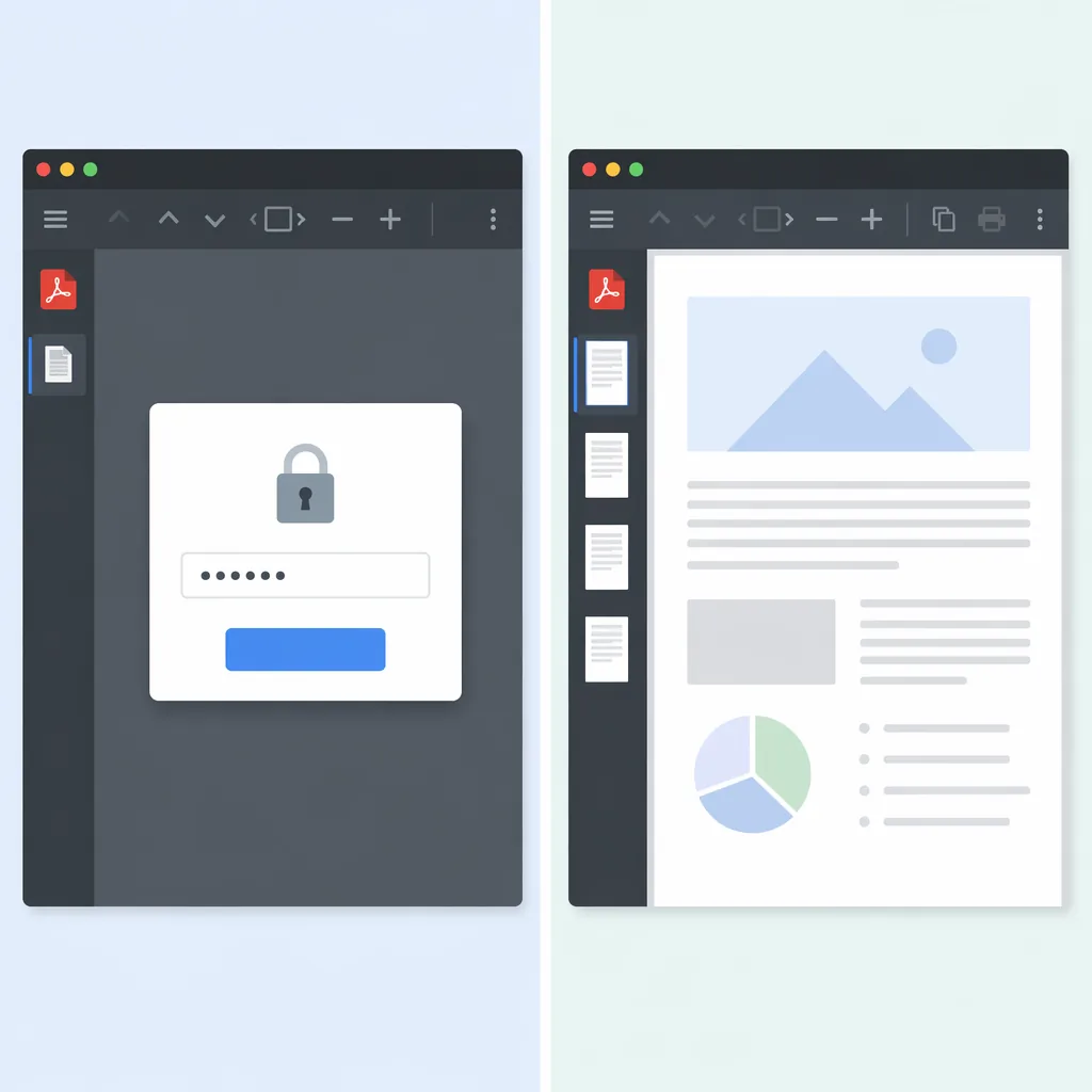 Split-screen illustration of two PDF states: left shows a password prompt dialog before opening, rig