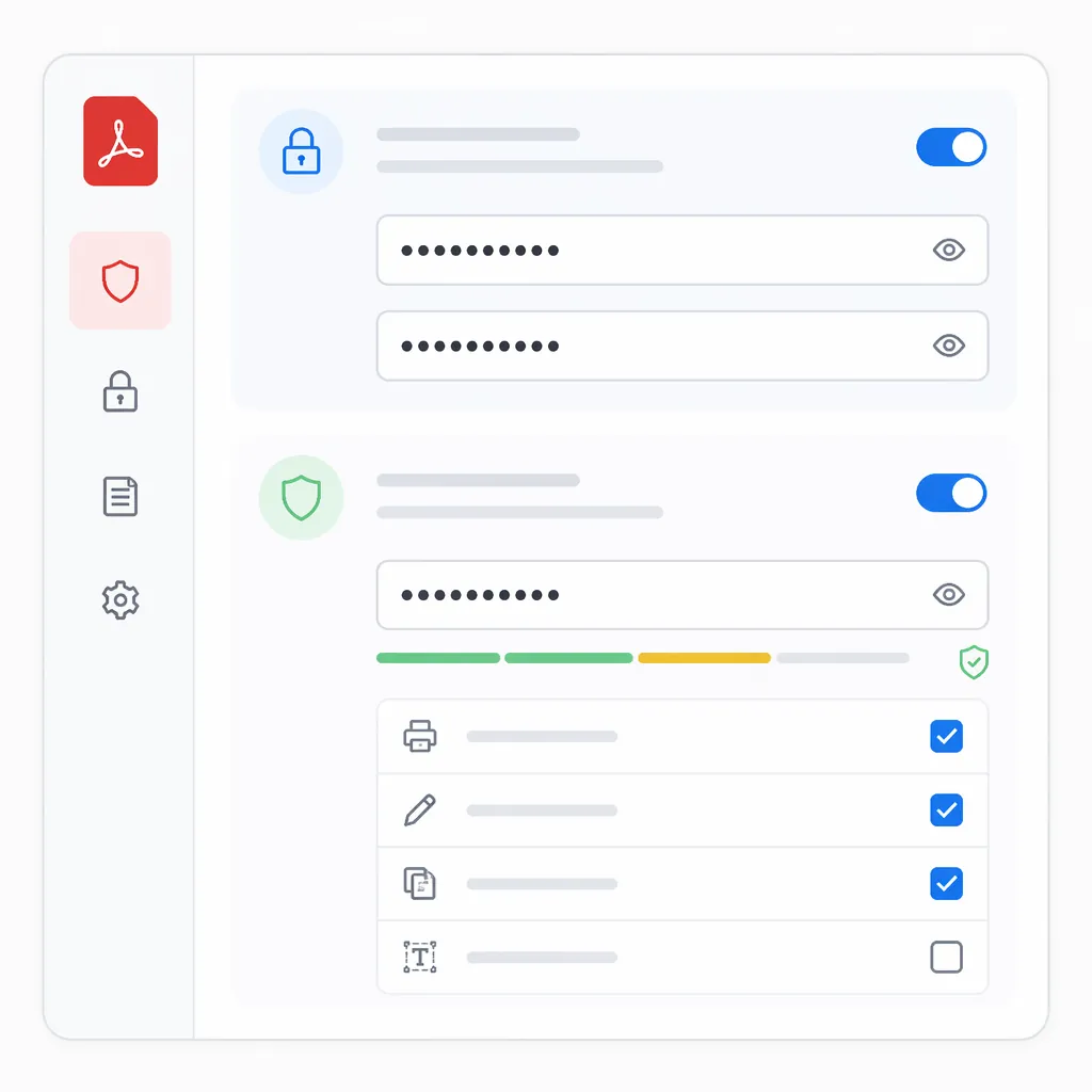 Clean UI mockup of PDF security settings panel showing options for open password and permissions pas