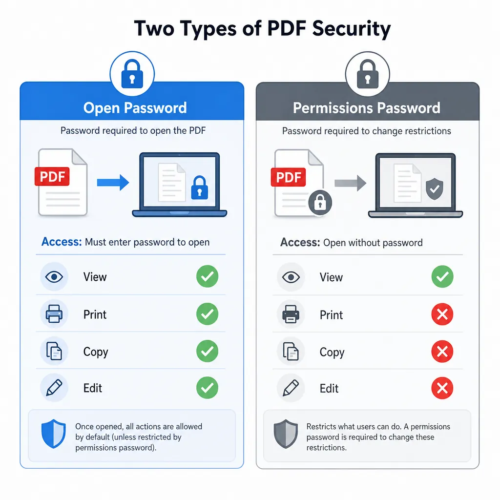 Clean infographic showing two PDF security types: “Open Password” vs “Permissions Password” with ico