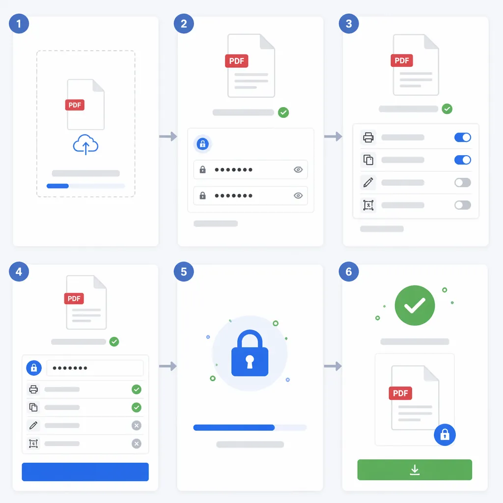 Step-by-step UI mockup of PDF encryption workflow: upload PDF, set password fields, toggle permissio
