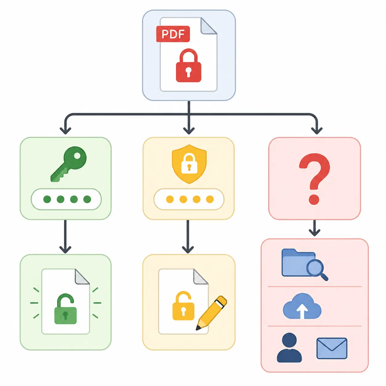 Decision flowchart for removing PDF password: Know password -> remove security; Only permissions ->